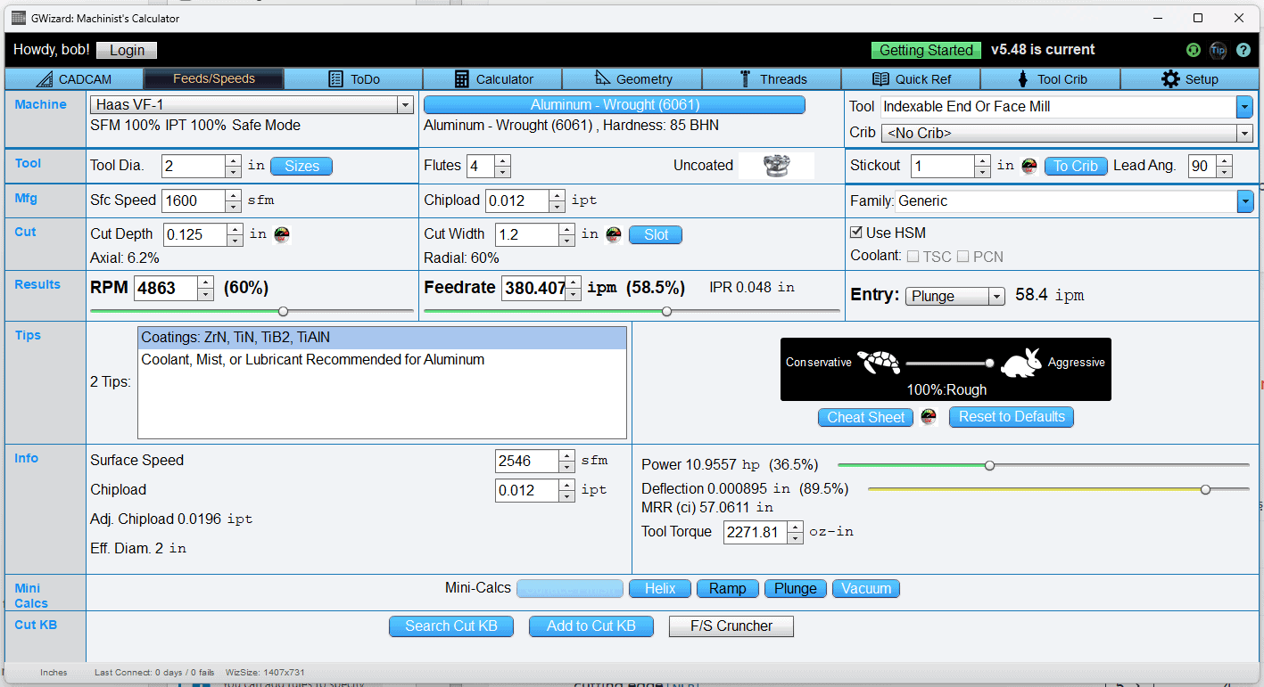 GWizard: Machinist's Calculator tool screenshot.