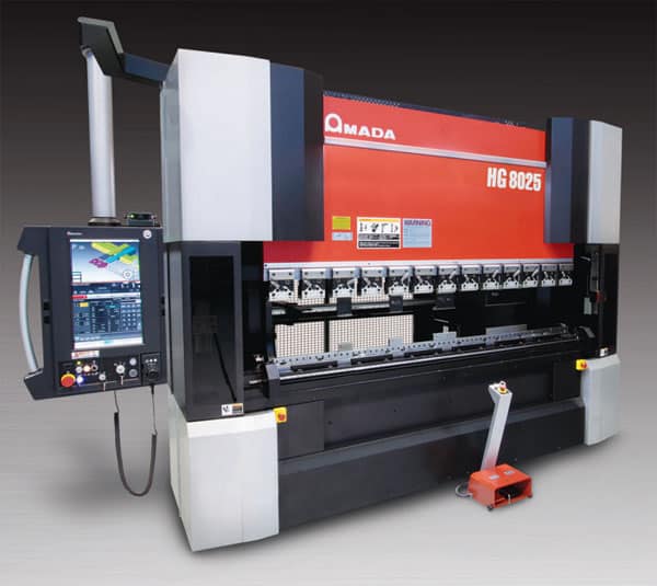 Amada HG8025 hydraulic press brake with control panel and red model number sign.