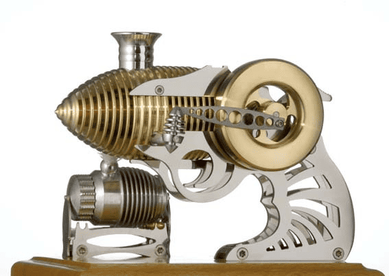 Vintage Stirling engine model with brass components and detailed internal mechanisms.