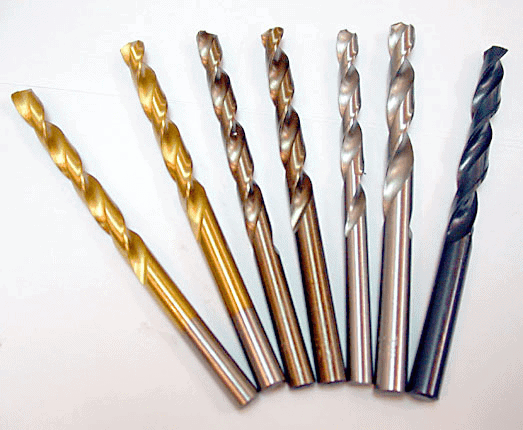 Twisted drill bits in gold, bronze, silver, and black metallic colors.