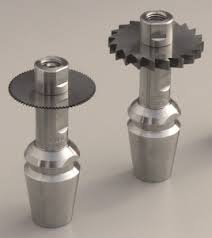 Two metal components with a gear-shaped top.