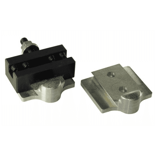 Two small metal parts with square shapes, one with black and one with silver components.