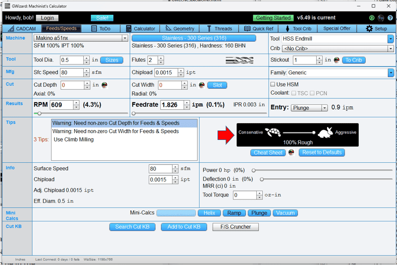 CNC Calculator with fields for feed rates, surface speeds, and metal cutting parameters