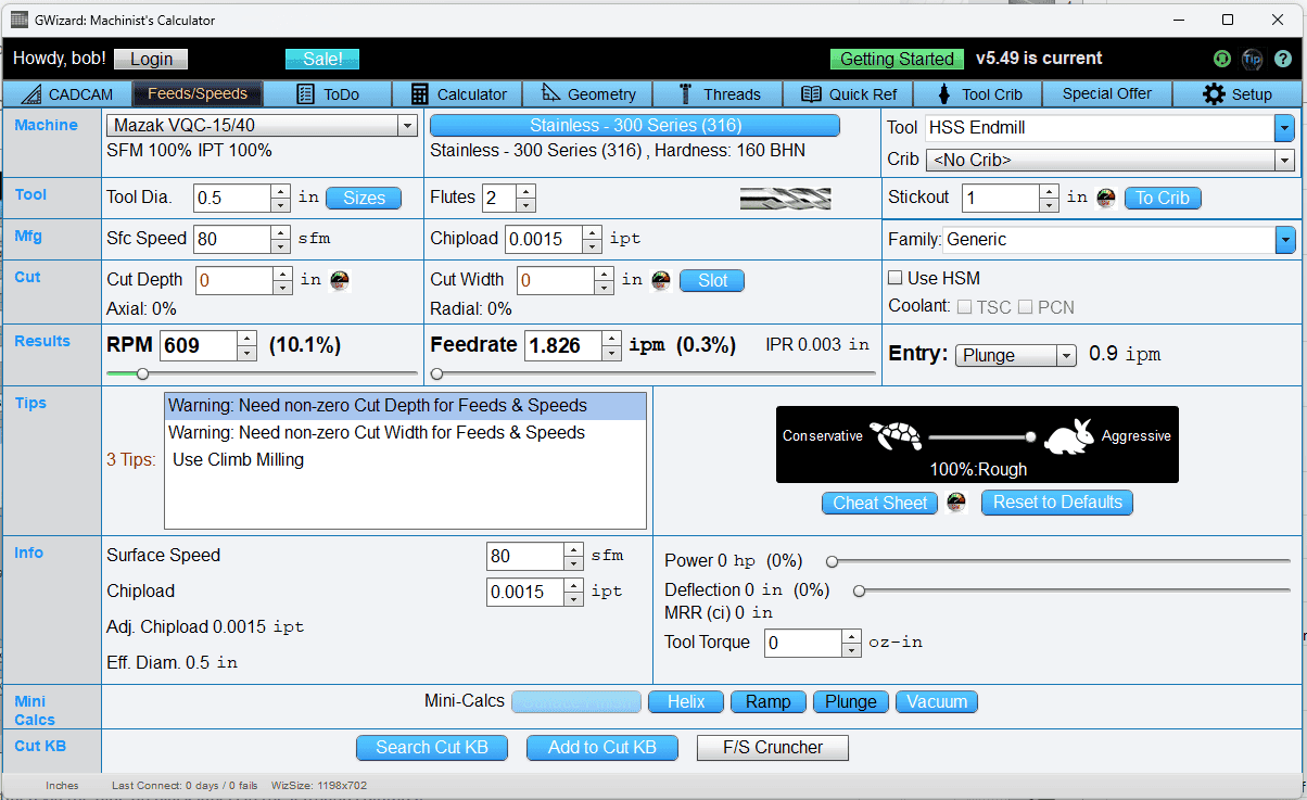 GWizard Machinist's Calculator software interface.