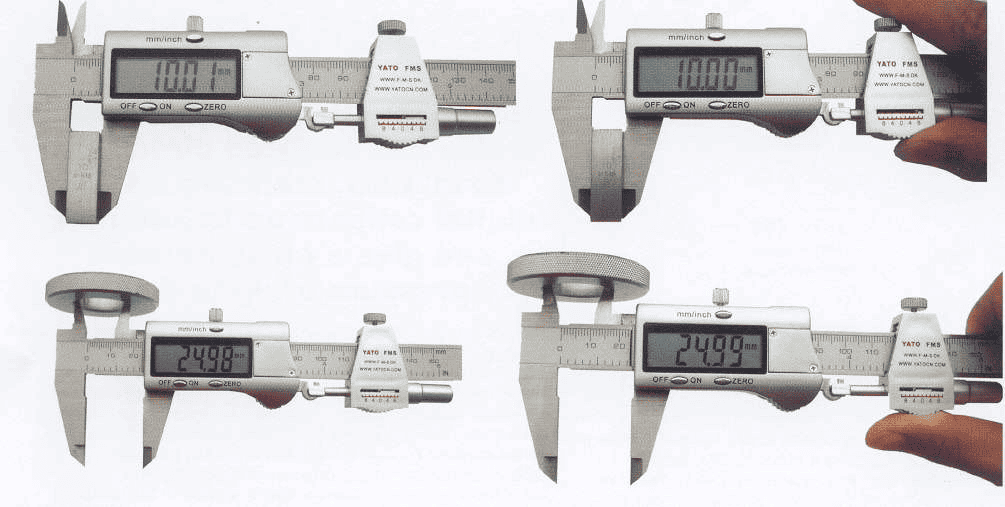 Digital caliper with display screen and zeroing button, accommodating various object sizes.