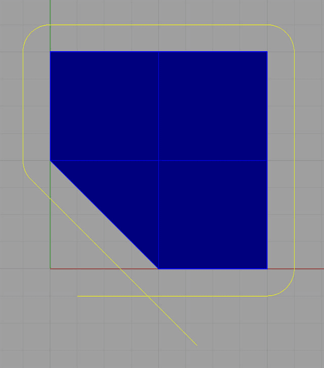 Blue square with rounded corners on gray background, featuring yellow outline and grid lines, a technical illustration for machining or metal fabrication.