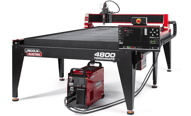 Large black Lincoln Electric 4800 Torchmate plasma cutting table with red and black control panel.