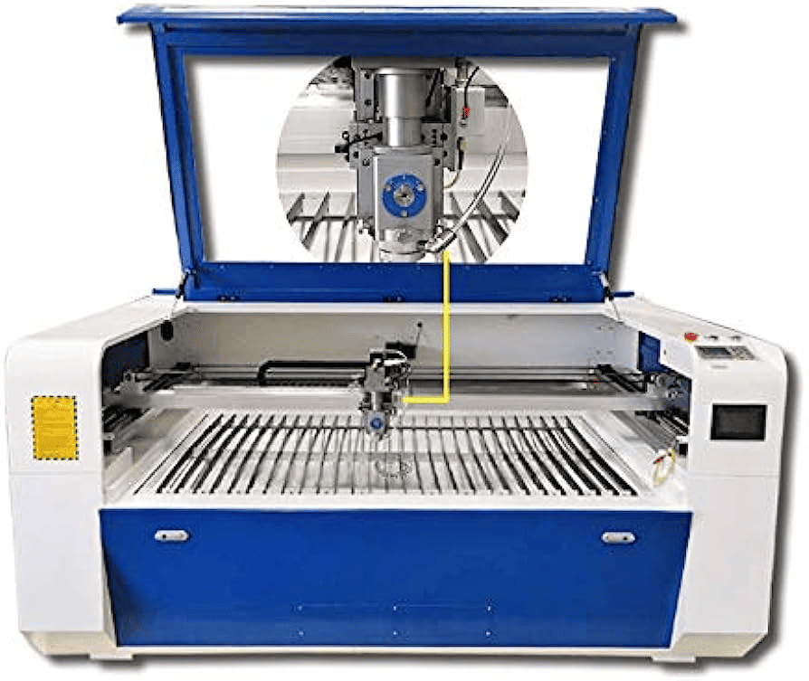 Co2 laser cutter machine with rectangular base and blue frame surrounding the cutting area.