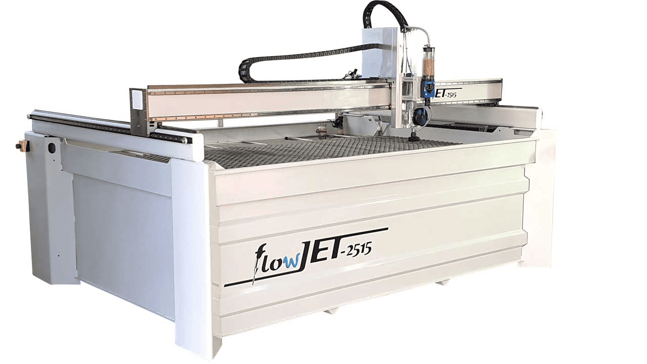 Large white FlowJET water jet cutting machine with prominent brand name displayed on its side, set against a plain background.