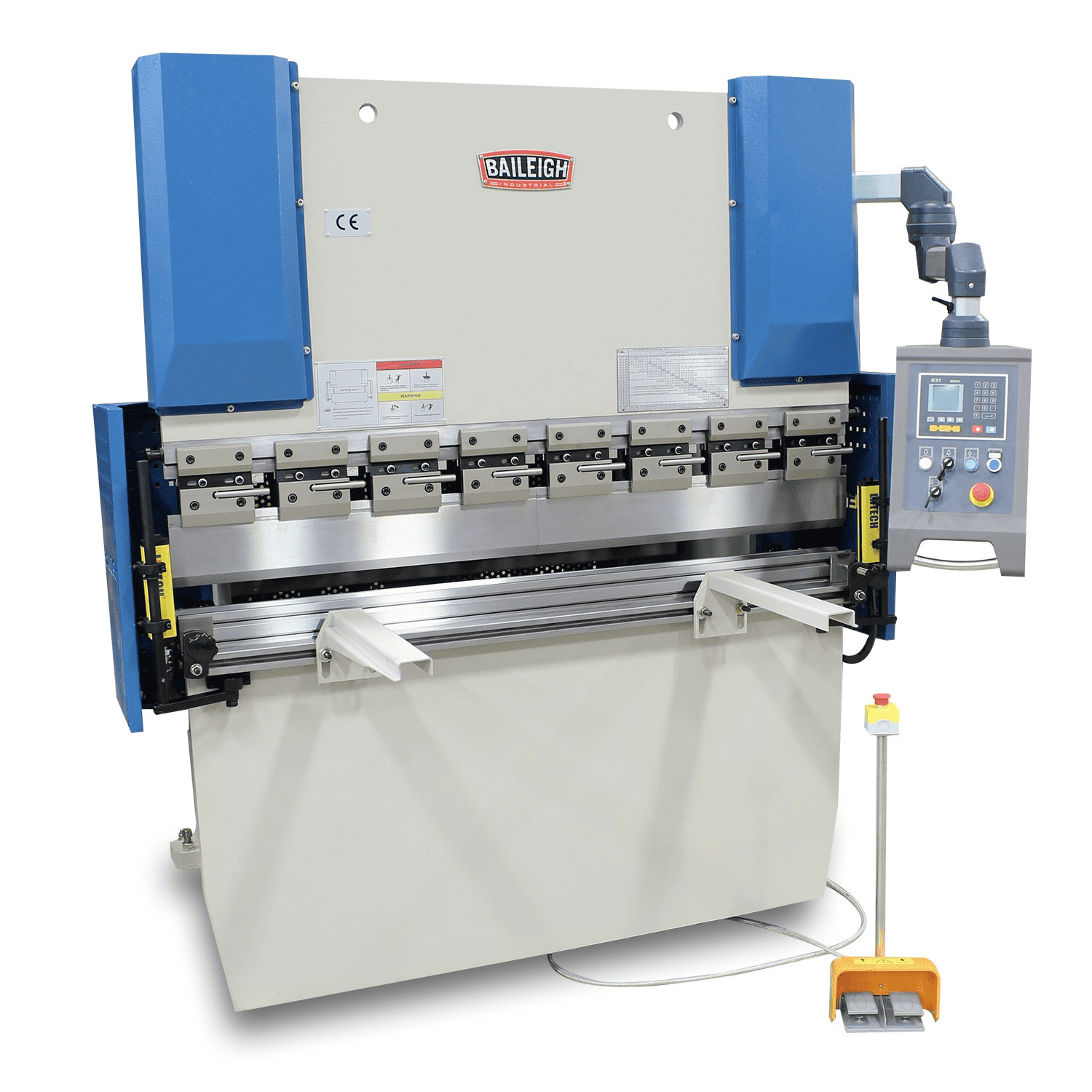 Baileigh Industrial hydraulic press brake machine with blue panels.