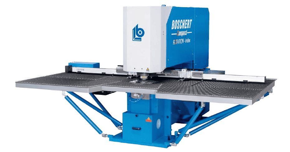 Boschert Mopac 2D Vertical Grinder with blue body and silver accents, featuring large flat grid-patterned table and smaller square-shaped table attached to side.