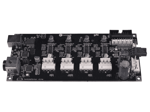 A rectangular black circuit board with various components and wires on a white background.