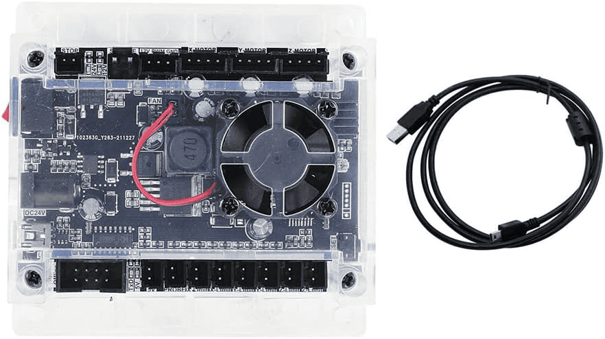 A black circuit board with a fan, components, and a red wire, on a white background.