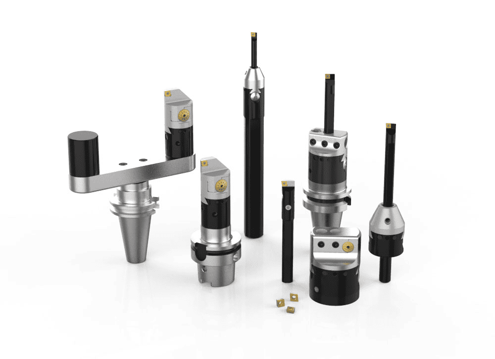 Metalworking tools including drill bits, end mills, and cutting tools arranged on a white background.