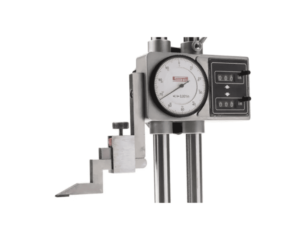 Precision measuring instrument with dial face and adjustable arm.