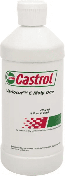 White plastic bottle with Castrol logo, Variocut C Moly Dee label.