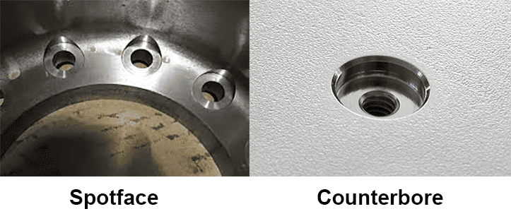 Spotface and counterbore hole comparison in metal surface.