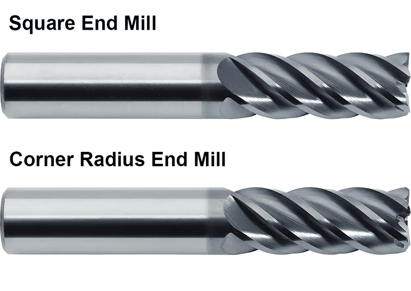 Two end mills: square and corner radius, on a white background.