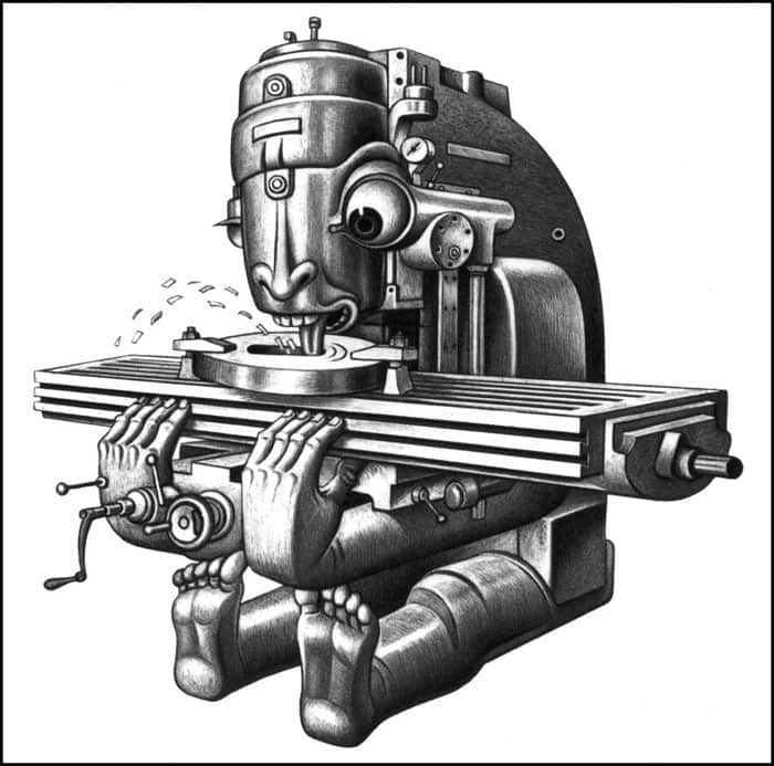 A black-and-white illustration of a large milling machine resembling a medieval torture device.