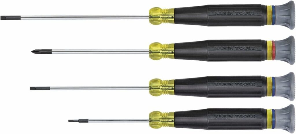 Precision screwdriver set with black handle and yellow tips, including flathead and Philips head drivers.