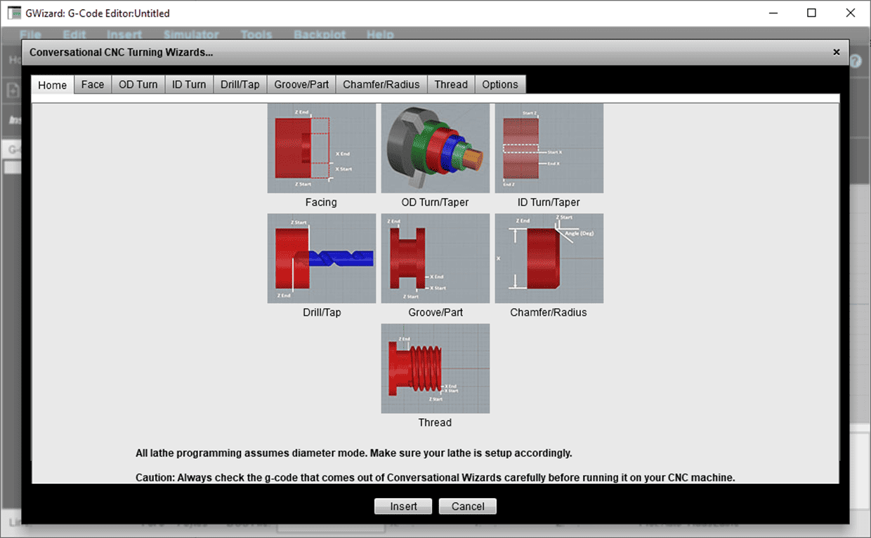 GWizard: G-Code Editor program with "Conversational CNC Turning Wizards" feature and various customization options.