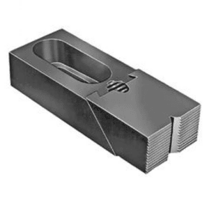 Rectangular metal object with central groove and two protruding tabs.