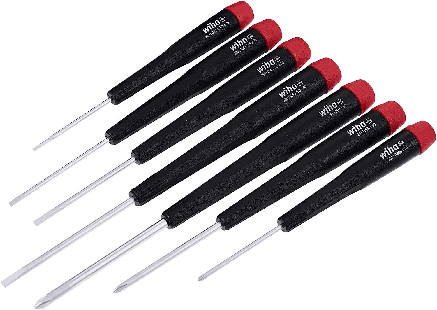 Precision screwdrivers with Wiha logo on black handle and red tip.