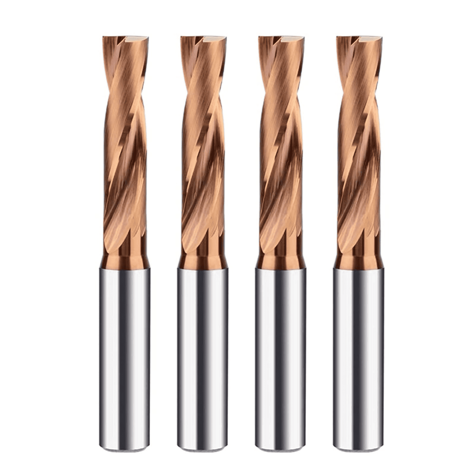 Metal cutting tools with twisted copper-colored shanks.