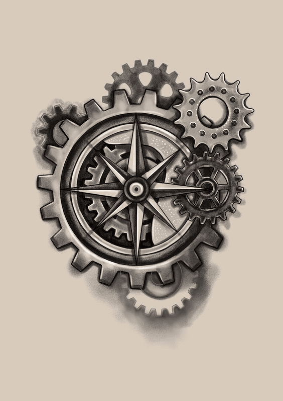 Grayscale illustration of interlocking gears conveying precision engineering.