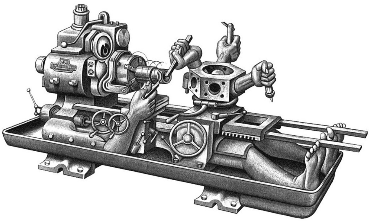 Large metal lathe with operator's hands.