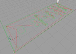 Three-dimensional computer-aided design with grid and colored lines.
