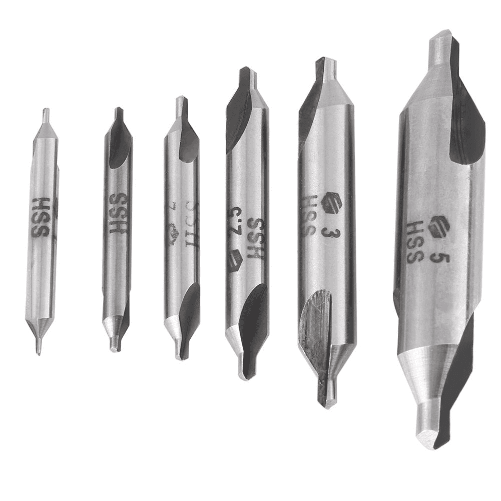 Drill bits of various sizes, each labeled and featuring a pointed tip.