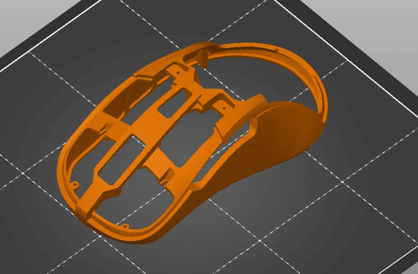 Computer-generated image of an orange oval shape with grid pattern and cutouts.