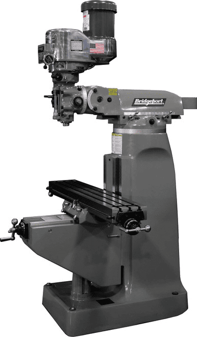 Bridgeport milling machine with American flag and 'Bridgeport' label.