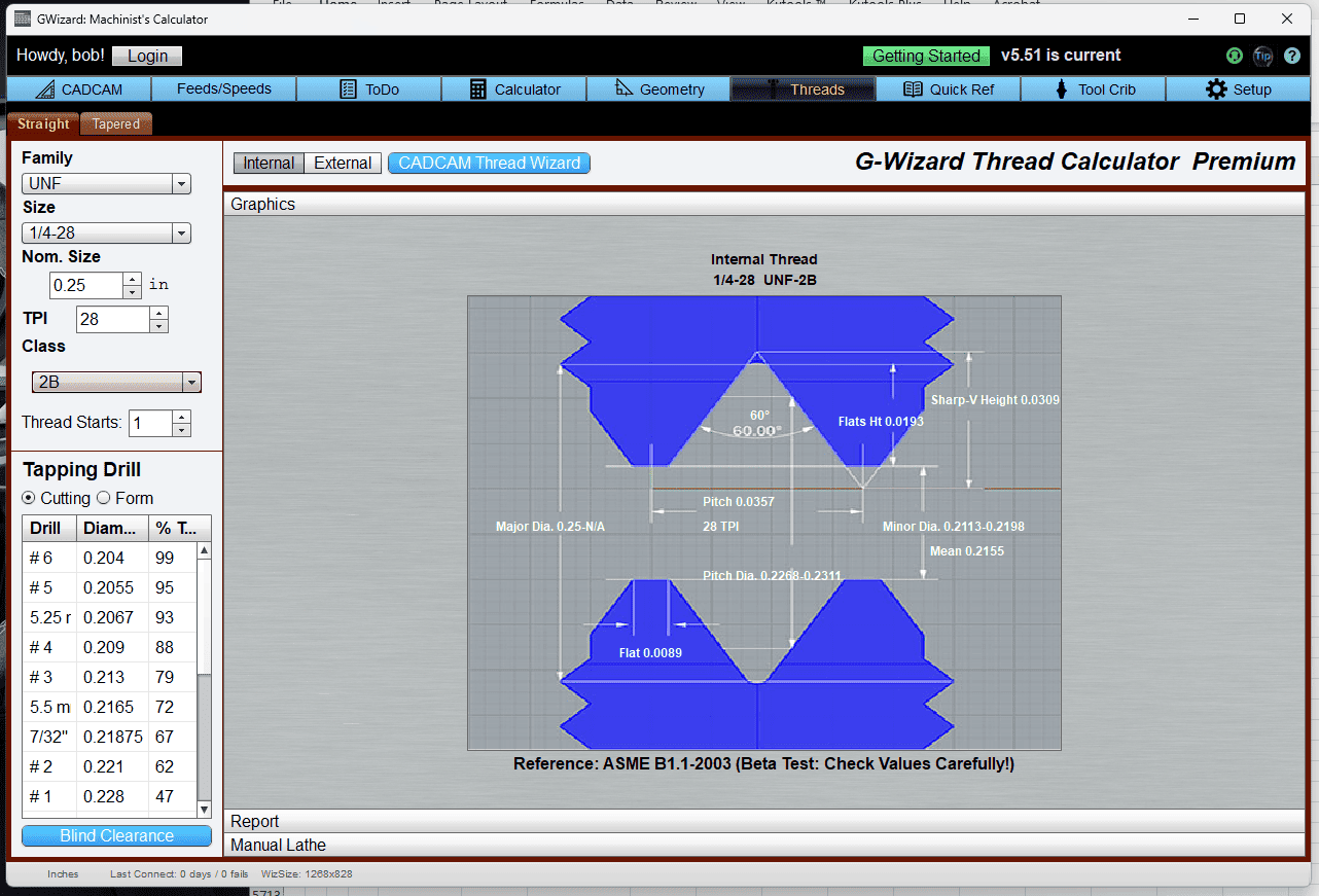 G-Wizard Thread Calculator screen with input fields and buttons, alongside a diagram showing thread parts.