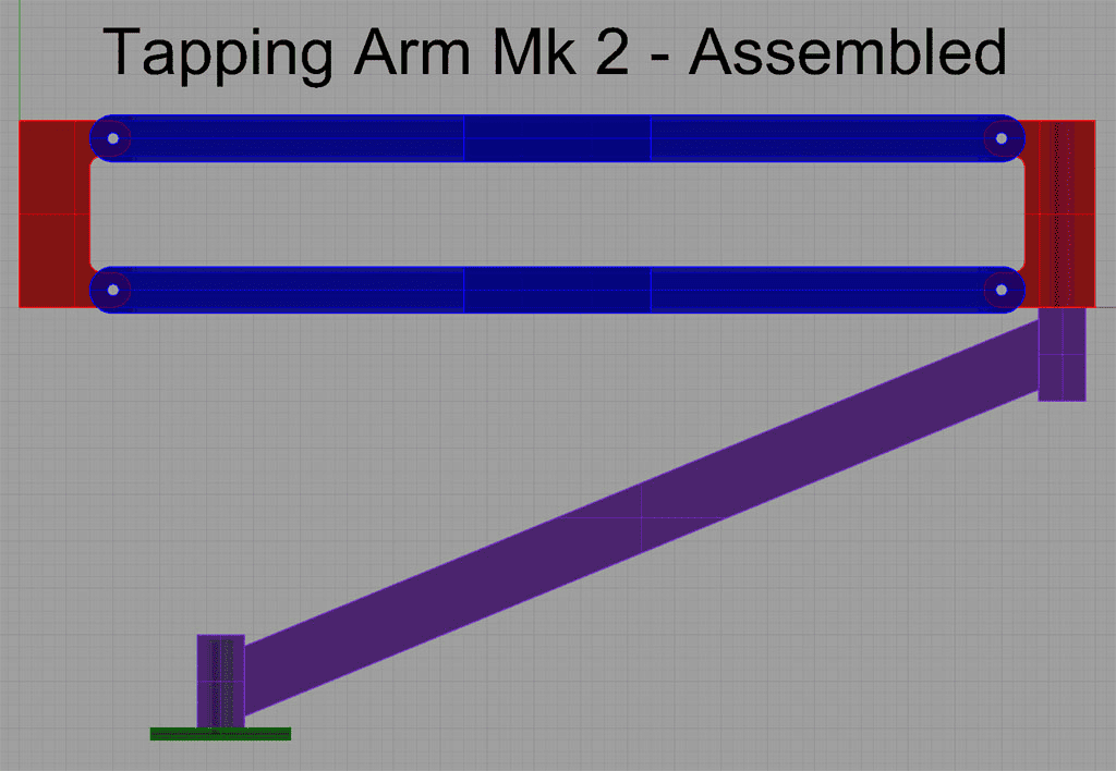 A 3D CAD model of a tapping arm, titled "Tapping Arm Mk2 - Assembled", with a purple and blue-colored assembly on a gray background.