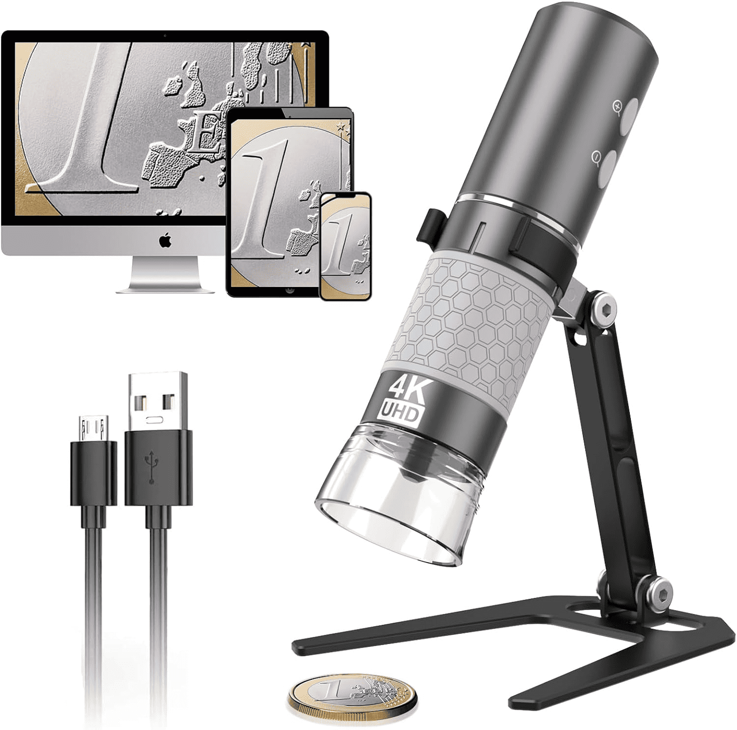 A monitor, micro USB cable, desktop microphone, and coin on a white background.