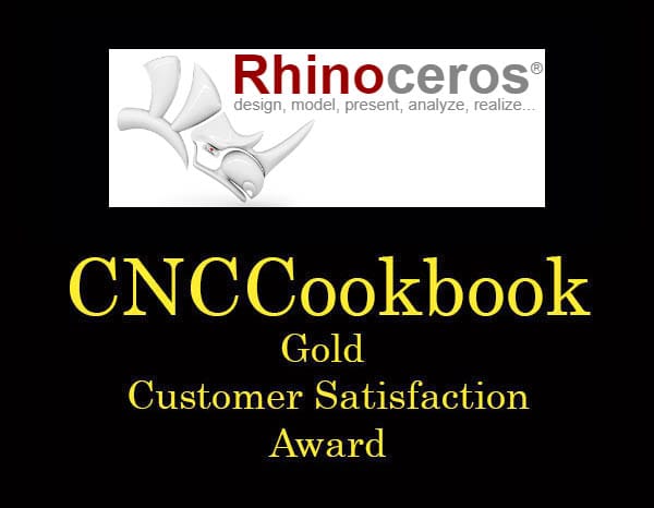 Gold CNCCookbook customer satisfaction award seal with red and gray rhinoceros logo.