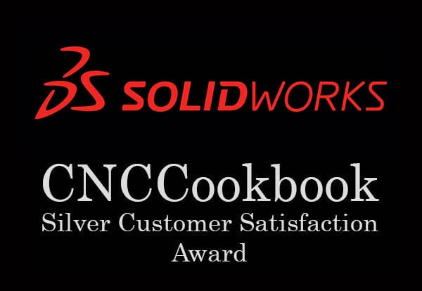 SOLIDWORKS CNCCookbook Silver Customer Satisfaction Award logo with red text and silver seal on gray background.