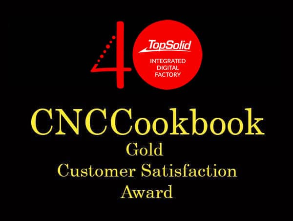Red circle with white text "TopSolid INTEGRATED DIGITAL FACTORY", gold customer satisfaction award logo.