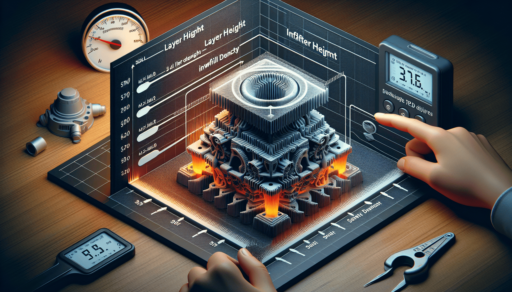 Futuristic machine with glowing lights, intricate details, and tools on dark blue background.