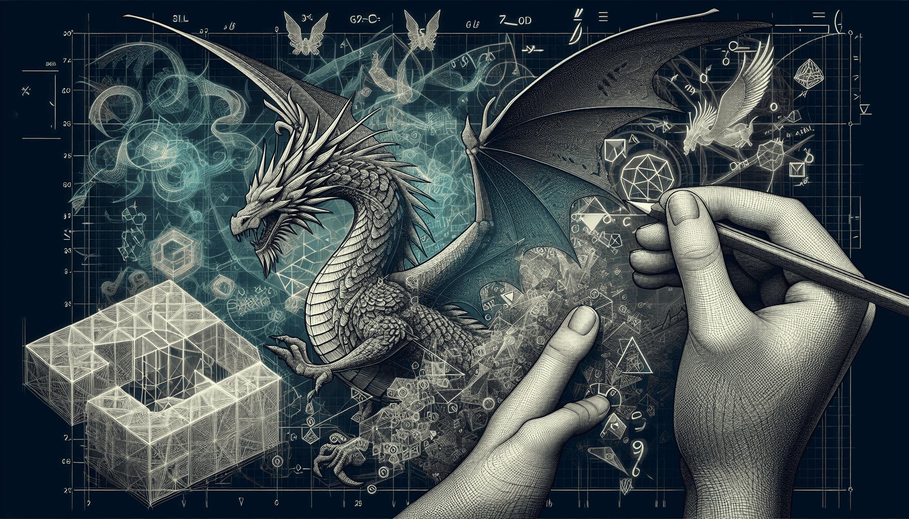 Geometric shapes, pencil, dragon's head on dark blue graph-like background.