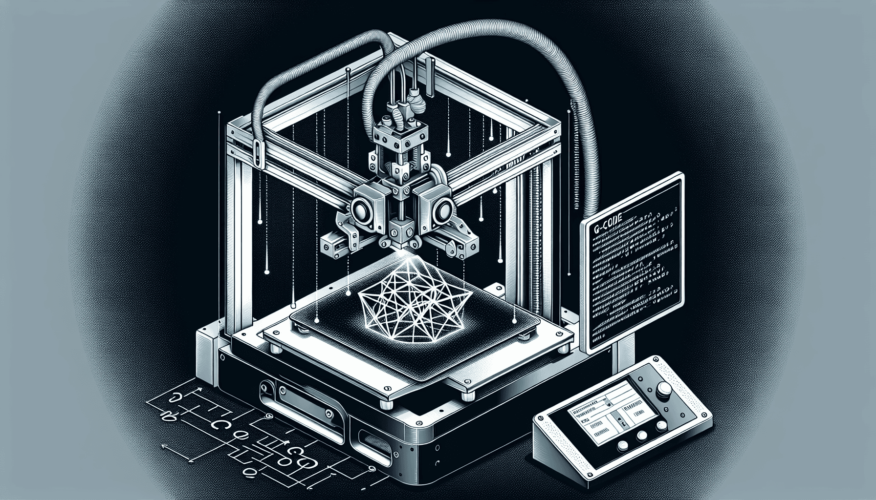 A detailed black-and-white illustration of a 3D printer with its various components and features.