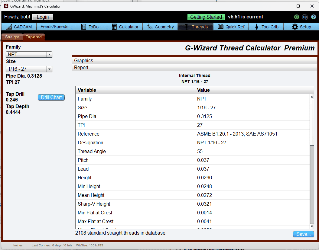 G-Wizard Thread Calculator on CNCCookbook.com with navigation tabs and thread type dropdown menu.