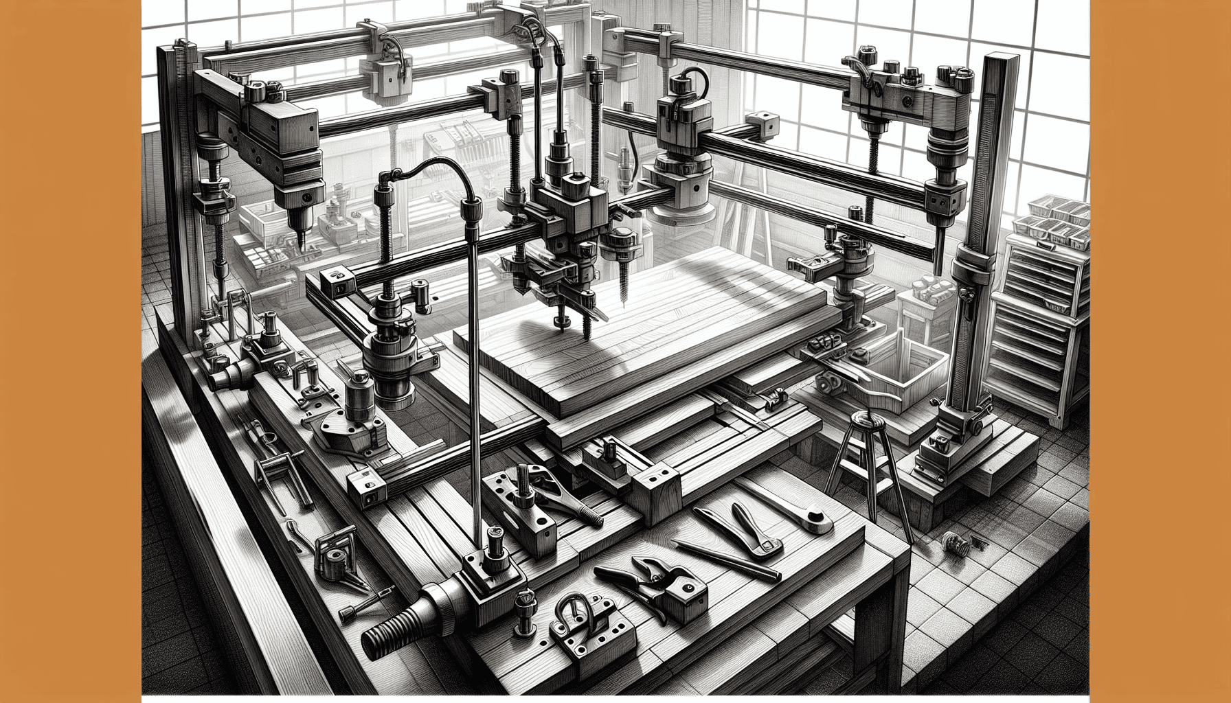 Complex machining machine with multiple columns and attachments.