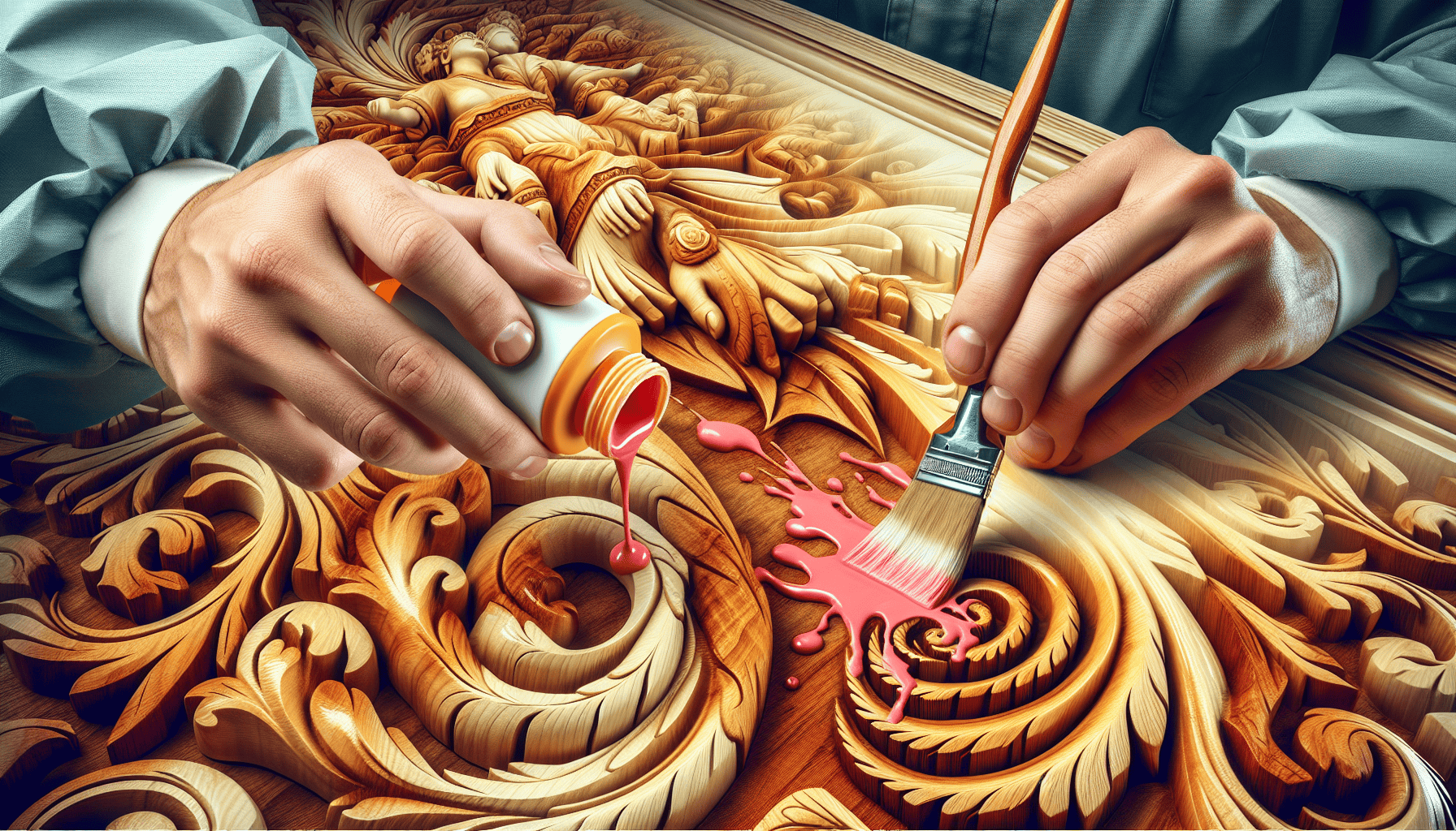 A person applies pink paint to intricately carved wooden art with a king and queen scene.