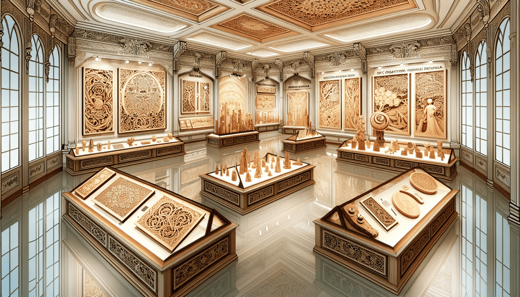 Intricately carved wooden objects on display with high level of craftsmanship.