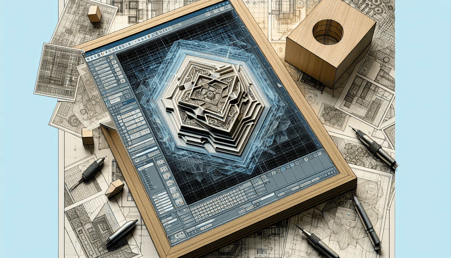 Complex geometric shape rendered on computer screen with drafting tools and architectural blueprints.