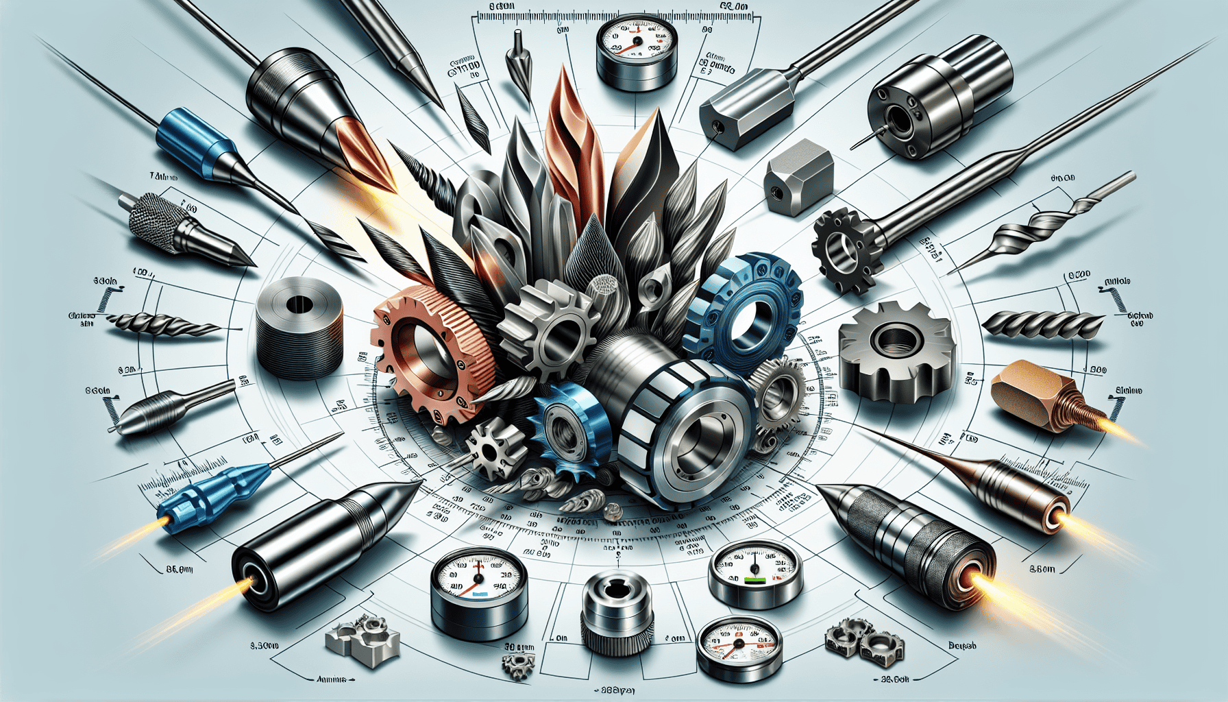 Cutting tools, drill bits, end mills, and metrology equipment arranged on a circular table.