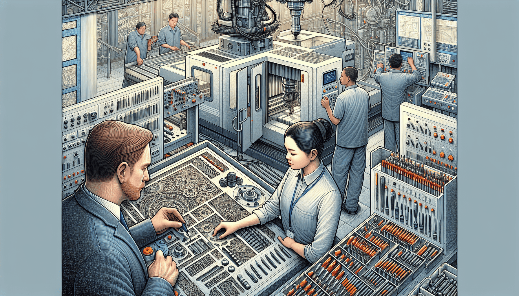 Woman and man in gray jumpsuits work together on computer-aided design (CAD) program.